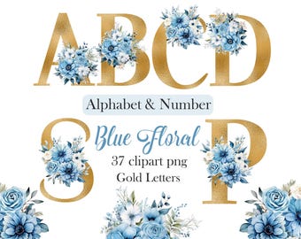 Blue Floral Alphabet Clipart, Flower Alphabet PNG, Gold Letters and Number, Sublimation, Digital Download