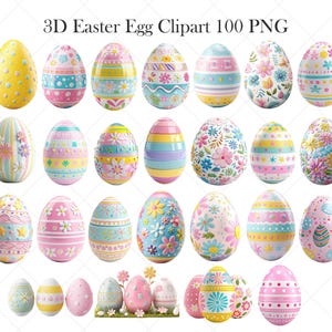 May include: A collection of 3D Easter egg clip art in various pastel colors. The eggs are decorated with floral patterns, stripes, and polka dots. The text "3D Easter Egg Clipart 100 PNG" is at the top of the image.