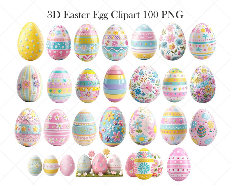 May include: A collection of 3D Easter egg clip art in various pastel colors. The eggs are decorated with floral patterns, stripes, and polka dots. The text "3D Easter Egg Clipart 100 PNG" is at the top of the image.