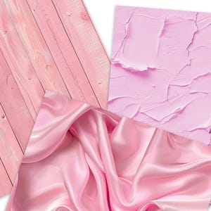 May include: Three pink textured backgrounds. One is a wood plank, one is a smooth, painted surface, and one is a silky fabric.
