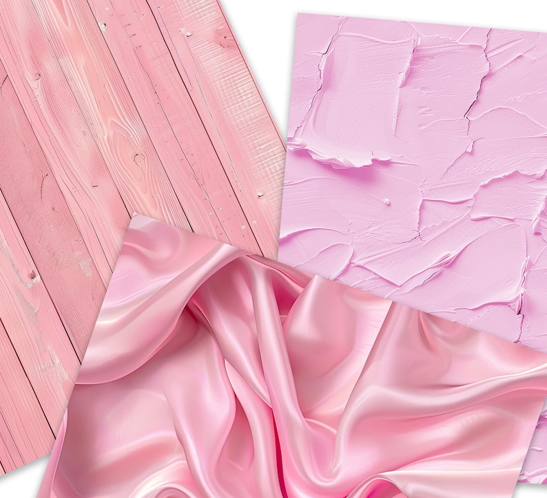 May include: Three pink textured backgrounds. One is a wood plank, one is a smooth, painted surface, and one is a silky fabric.