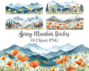 Imágenes prediseñadas de montaña de primavera, borde de montaña de acuarela PNG, descarga digital