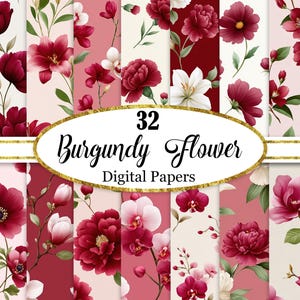 Burgundy Flower Digital Paper, Burgundy Floral Background Bundle, Spring Flower, Scrapbook Paper, Digital Download