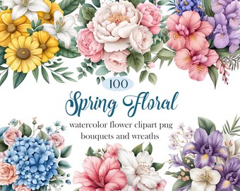 Spring Floral Clipart Bundle, Flower PNG, Bouquet, Wreath, Flower Sublimation, Digital Download