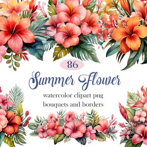 Sommer Blume Clipart, Aquarell Sommer Blumen PNG Bundle, Tropische Blume Grenze, Hibiskus Bouquet, Blume Sublimation, digitaler Download