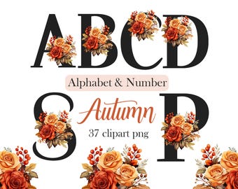 May include: Black alphabet letters A, B, C, S, and P, each adorned with watercolor floral arrangements in shades of orange, red, and yellow. The word "Autumn" is written in a cursive font, with the text "Alphabet & Number" above and "37 clipart png" below.