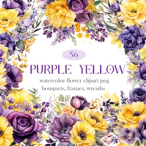 Lila gelbe Blume PNG, Aquarell Blumen Clipart Bundle, Hochzeitsstrauß, Frühlingsblumenkranz, Lila Gelb Blumen PNG