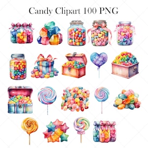 May include: Watercolor illustrations of various candies, including jars of colorful candies, a chest full of candies, lollipops, and a pile of jelly beans.