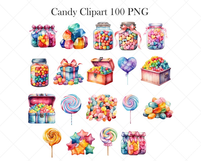 May include: Watercolor illustrations of various candies, including jars of colorful candies, a chest full of candies, lollipops, and a pile of jelly beans.