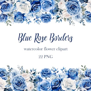 Clipart bordure Rose bleue, aquarelle fleur frontière PNG Bundle, mariage floral, fleur bleue PNG, cadre floral, téléchargement numérique