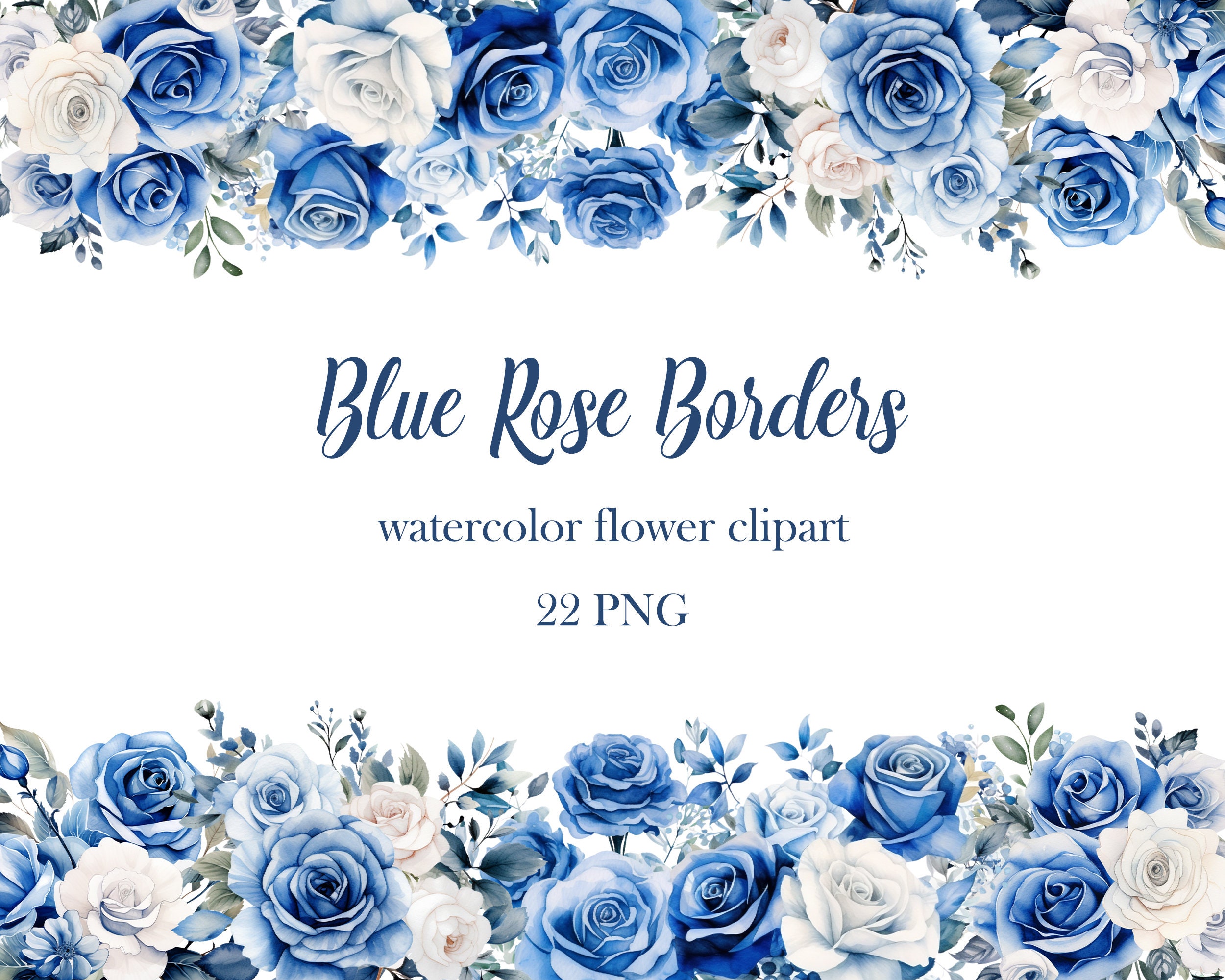 Blue Rose Border Clipart Watercolor Flower Border PNG Bundle Wedding 