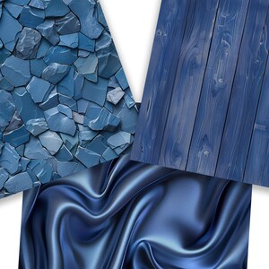 May include: Three different blue textured surfaces: a stone wall, a wood plank wall, and a piece of fabric.