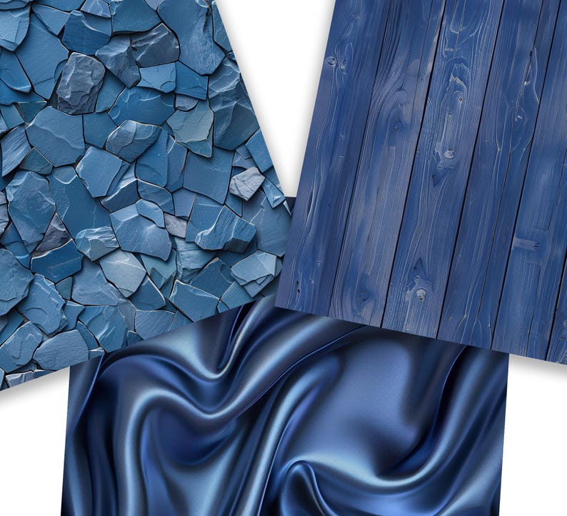 May include: Three different blue textured surfaces: a stone wall, a wood plank wall, and a piece of fabric.