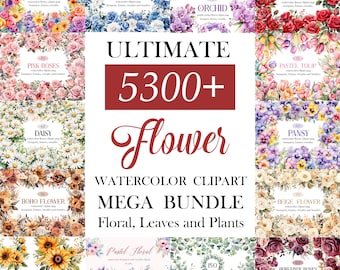 Flower Clipart Bundle, Watercolor Floral Clipart, Flower PNG Bundle, Sublimation, Flower Bouquet, Wreath, Digital Download