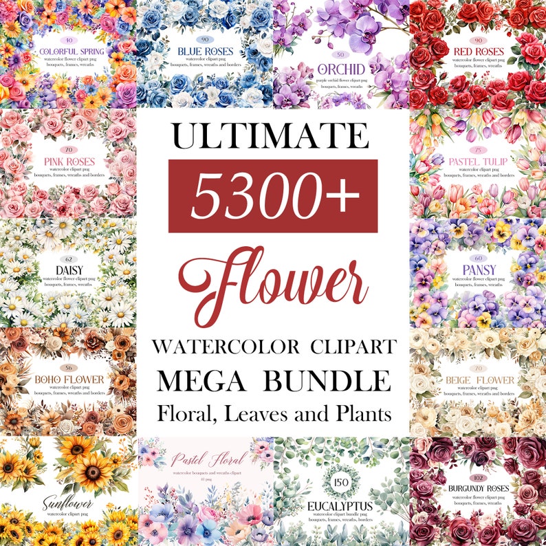 Blomma Clipart Bundle, Akvarell Blommig Clipart, Blomma PNG Bundle, Sublimering, Blombukett, Krans, Digital Nedladdning bild 1