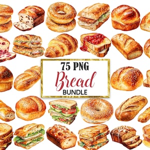 Op de afbeelding: Een verzameling van 75 aquarel illustraties van verschillende soorten brood, waaronder broden, broodjes, baguettes, croissants en sandwiches. De illustraties zijn in een realistische stijl en tonen een verscheidenheid aan texturen en kleuren.