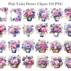 May include: A set of 20 watercolor illustrations of pink and purple flowers in various arrangements. The flowers are in vases, jars, and baskets. The illustrations are perfect for creating digital or printed designs.