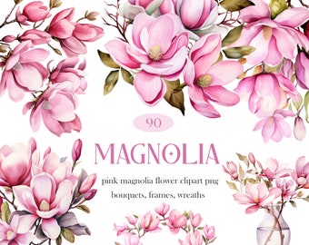 Magnolia Flower Clipart, Watercolor Pink Magnolia PNG Bundle, Pink Floral Wreath Bouquet Clipart, Digital Download