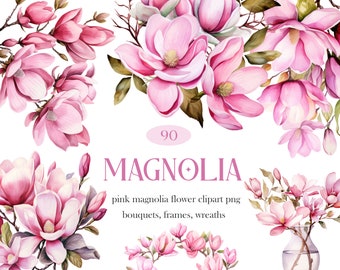 May include: 90 watercolor illustrations of pink magnolia flowers. The flowers are arranged in bouquets, wreaths, and frames. The illustrations are perfect for creating digital or printed designs.