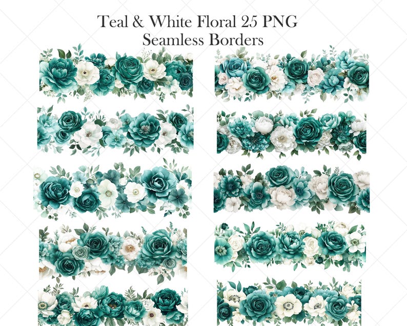 Teal Rant Border Teal White Floral Border Clipart, Watercolor Flower Frame PNG, Digital ...
