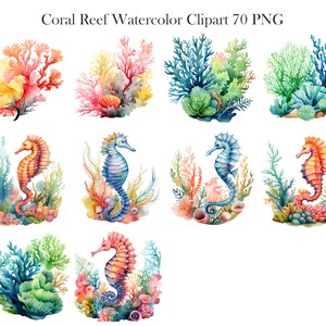 K&ouml;nnte beinhalten: Aquarell-Clipart-Set mit Seepferdchen und Korallenriffen. Die Seepferdchen sind in verschiedenen Farben, darunter Orange, Blau und Gelb. Die Korallenriffe sind in Gr&uuml;n-, Blau- und Rosat&ouml;nen.