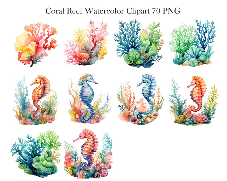 K&ouml;nnte beinhalten: Aquarell-Clipart-Set mit Seepferdchen und Korallenriffen. Die Seepferdchen sind in verschiedenen Farben, darunter Orange, Blau und Gelb. Die Korallenriffe sind in Gr&uuml;n-, Blau- und Rosat&ouml;nen.
