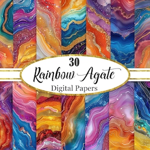 May include: A set of 30 digital papers showcasing a rainbow agate design. The papers display swirling patterns in shades of blue, purple, orange, and gold. The text "30 Rainbow Agate Digital Papers" is presented within a gold-edged oval.