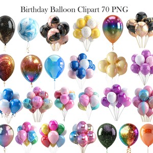 May include: A collection of colorful birthday balloons in various styles. Some balloons are single, while others are clustered in bouquets. The balloons feature glitter, marble, and solid colors, including black, blue, gold, and pink. Text at the top reads "Birthday Balloon Clipart 70 PNG."