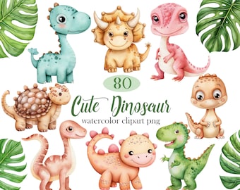 May include: A set of 80 watercolor clipart images of cute dinosaurs in various poses and colors. The dinosaurs include a green T-Rex, a pink dinosaur, a brown stegosaurus, a blue dinosaur, a brown triceratops, a brown ankylosaurus, and a yellow dinosaur.