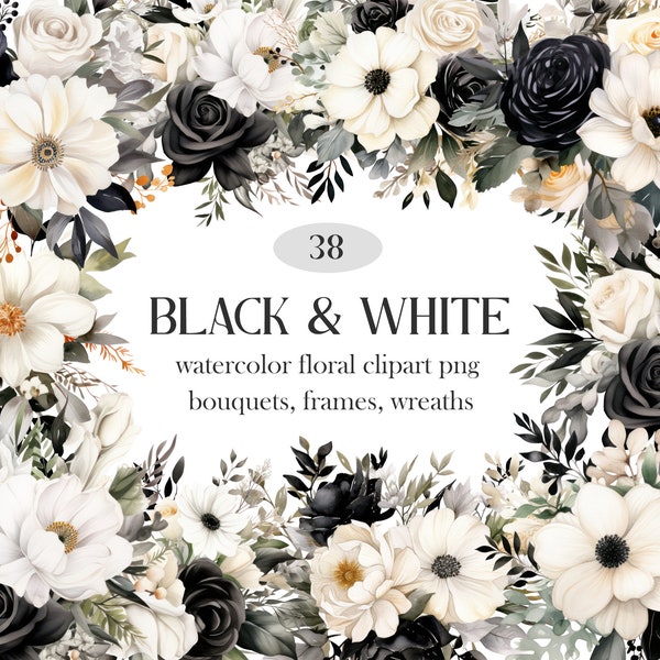 Black White Flower PNG, Watercolor Black White Floral Clipart, Flower Bouquet, Wreath, Digital Download