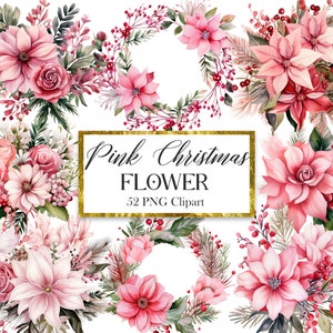 Rosa Weihnachtsblume Clipart, Weihnachtsstern, Aquarell Blumenkranz, Strauß PNG, digitaler Download