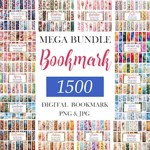 Peut inclure: Un ensemble de marque-pages numériques sur divers thèmes, notamment le 4 juillet, Noël, la Saint-Valentin, Pâques, Alcohol Ink, Printemps, Paysage, Été, Hiver, Halloween, Automne, Fleur et Vintage. L'image présente un méga pack de 1500 marque-pages numériques en formats PNG et JPG.