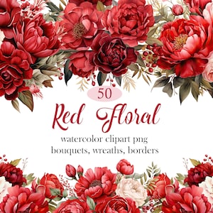 Rote Blume Clipart, Aquarell rote Blumen PNG Bundle, Hochzeitsstrauß, Kranz, Blumenrand, Sublimation, Frühlingsblumen, digitaler Download