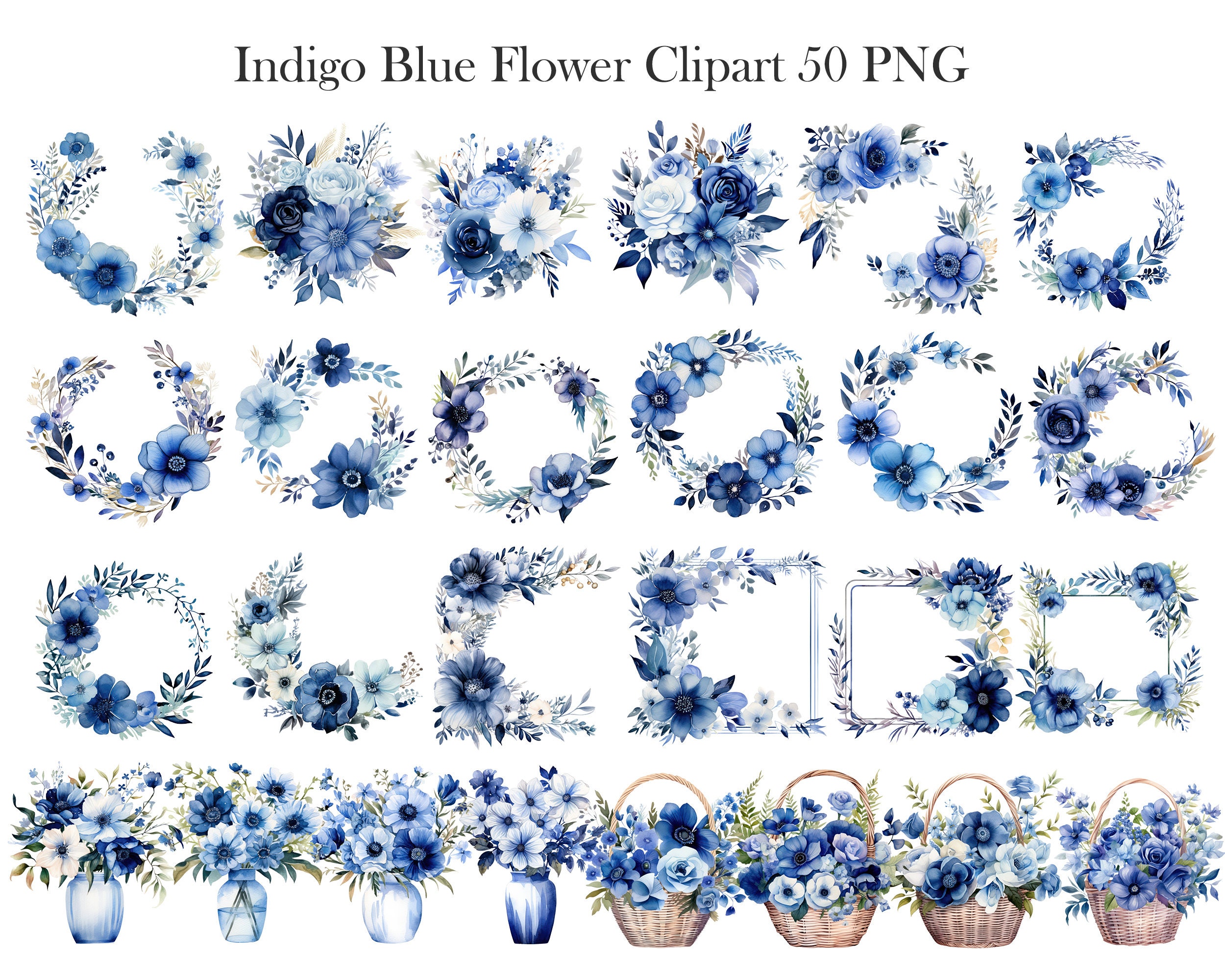 Indigo Blue Flower PNG, Watercolor Blue Floral Clipart Bundle, Wedding ...