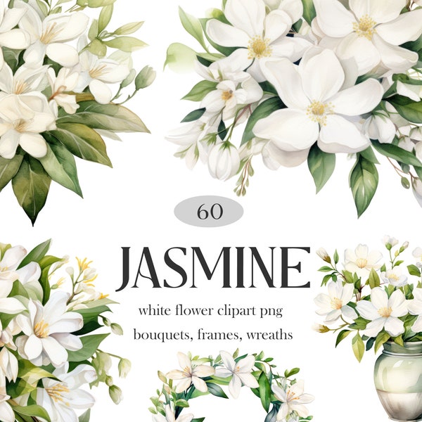Jasmine PNG, Watercolor Jasmine Clipart Bundle, White Flower Bouquet Wreath Clipart, Jasmine Flower