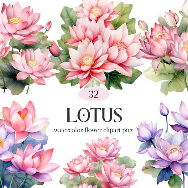 Lotus Clipart, Watercolor Lotus Flower Clipart Bundle, Lotus PNG, Wreath, Spring Floral, Sublimation, Digital Download