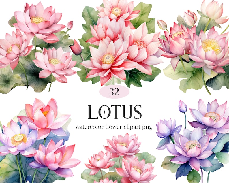 May include: 32 watercolor illustrations of pink and purple lotus flowers with green leaves. The text "LOTUS watercolor flower clipart png" is at the bottom of the image.