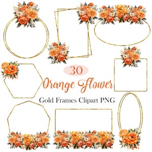 Orange Flower Frame PNG, Watercolor Orange Floral Gold Frame Clipart, Summer Flower Glitter Frame, Digital Download
