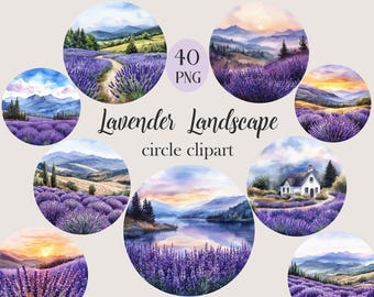 Lavender Landscape Clipart, Watercolor Scenery Circle PNG