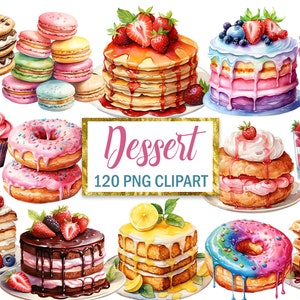 Dessert clipart, aquarel dessert png-bundel, zoete lekkernijen clipart, koekje, donut, cake, cupcake, voedsel, chocolade png, sublimatie