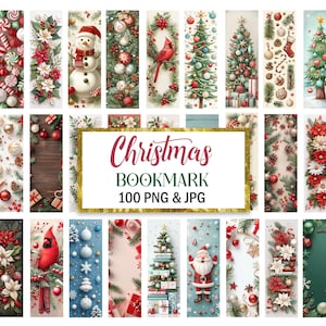 May include: A set of 100 Christmas-themed bookmarks featuring various holiday designs, including ornaments, candy canes, a snowman, a cardinal, a Christmas tree, and wreaths. The bookmarks are in PNG and JPG format.