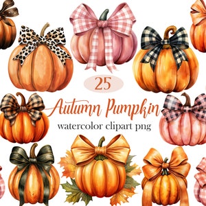 May include: A set of 25 watercolor illustrations of autumn pumpkins with various colored bows. The pumpkins are in different shades of orange, pink, and white. The bows are in shades of pink, black, and white. The text "Autumn Pumpkin watercolor clipart png" is written in black below the pumpkins.
