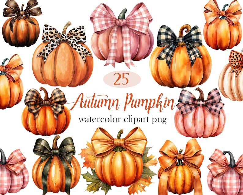 May include: A set of 25 watercolor illustrations of autumn pumpkins with various colored bows. The pumpkins are in different shades of orange, pink, and white. The bows are in shades of pink, black, and white. The text "Autumn Pumpkin watercolor clipart png" is written in black below the pumpkins.