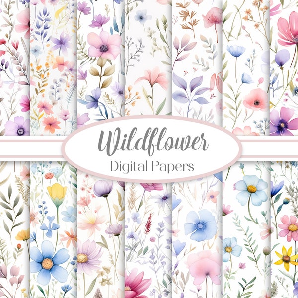 Wildflower digitale papierbundel, aquarel bloem achtergrond, scrapbook papers, ongewenste dagboek, lente bloemmotief, digitale download