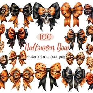 Pode incluir: Um conjunto de 100 imagens de clipart de la&ccedil;o de Halloween em aquarela em v&aacute;rias cores e padr&otilde;es, incluindo bolinhas laranja, preto e branco. Os la&ccedil;os s&atilde;o perfeitos para adicionar um toque festivo &agrave;s suas manualidades e projetos de Halloween.