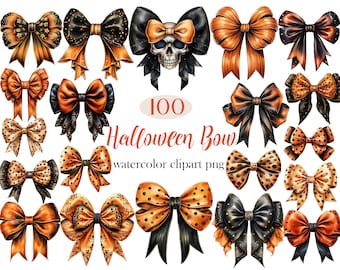Halloween Bow PNG, Watercolor Halloween Ribbon Clipart, Bow Clipart, Ribbon PNG, Halloween Decor, Digital Download