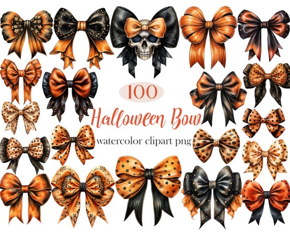 Halloween Bow PNG, Watercolor Halloween Ribbon Clipart, Bow Clipart, Ribbon PNG, Halloween Decor, Digital Download