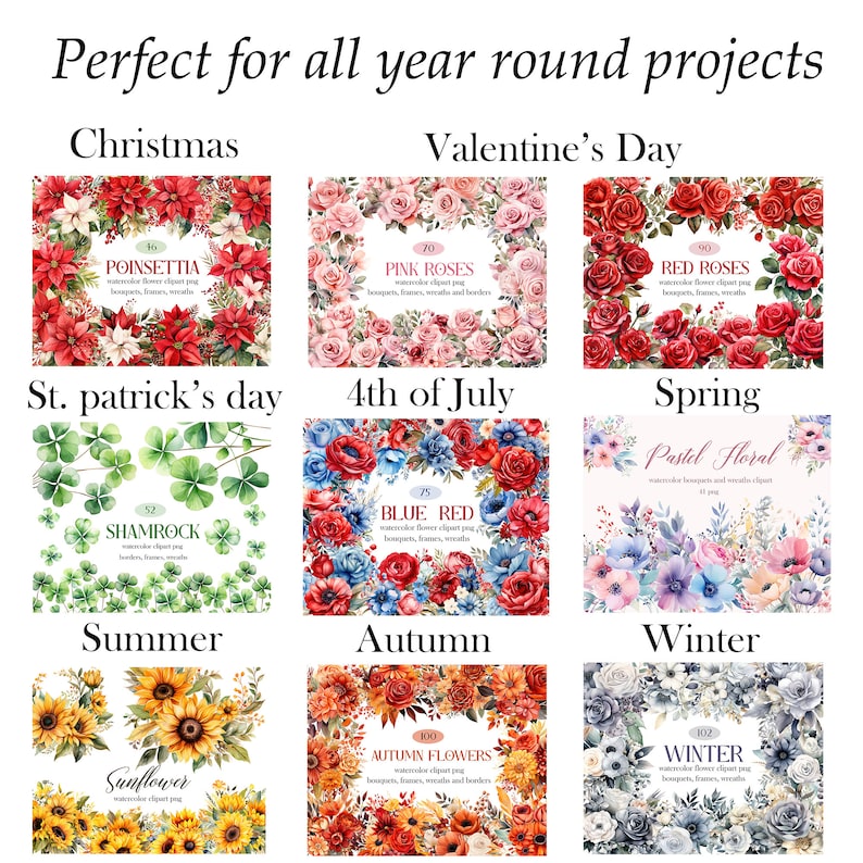 Blomma Clipart Bundle, Akvarell Blommig Clipart, Blomma PNG Bundle, Sublimering, Blombukett, Krans, Digital Nedladdning bild 6