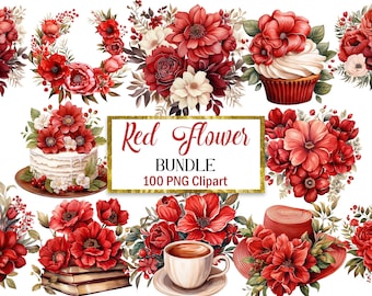 Red Flower PNG Bundle, Watercolor Red Floral Clipart, Flower Border, Sublimation, Bouquet, Wreath, Spring, Rose, Digital Download