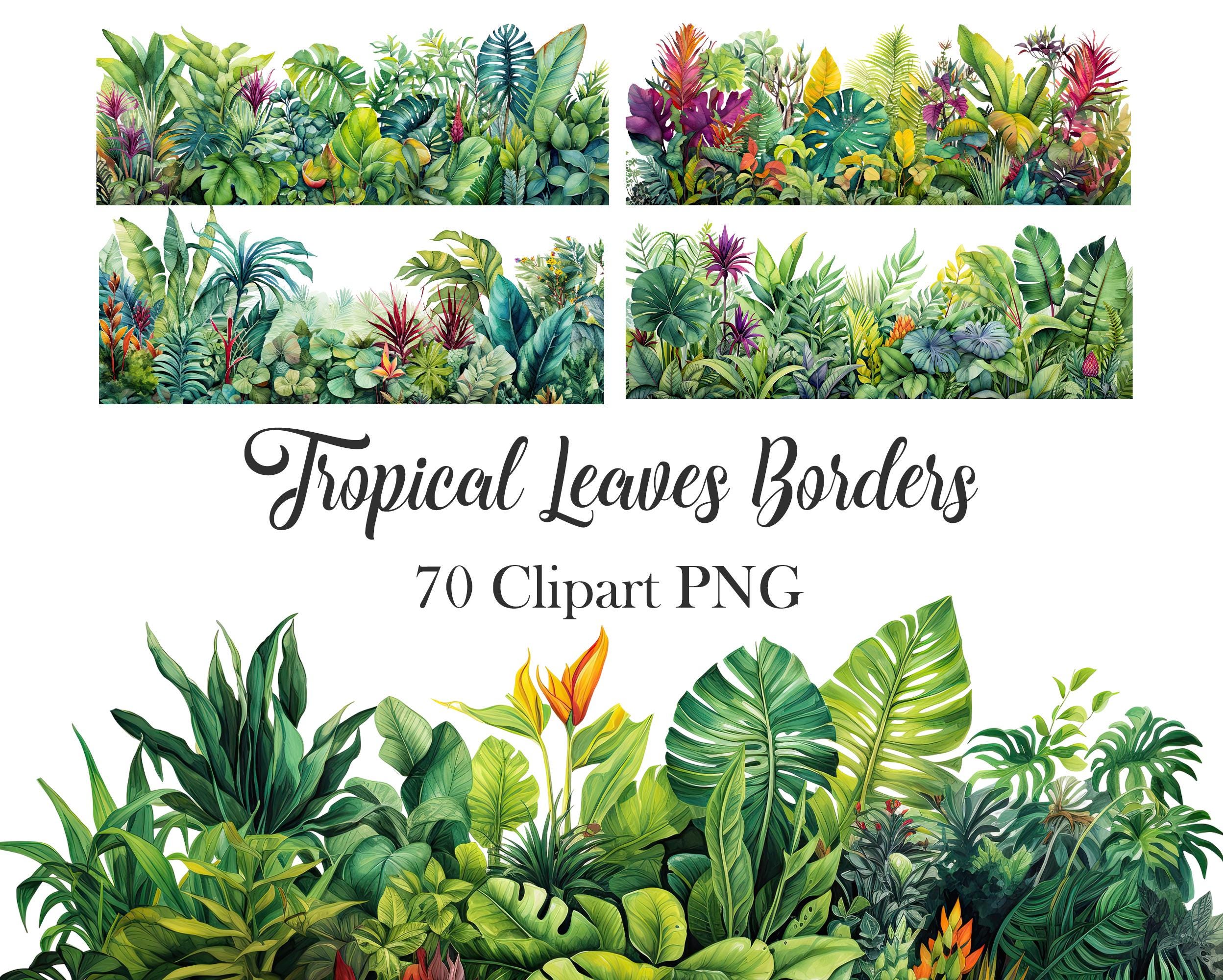 Tropical Leaves Border Clipart, Watercolor Tropical Leaf PNG, Greenery Clipart, Foliage, Summer, Digital Download